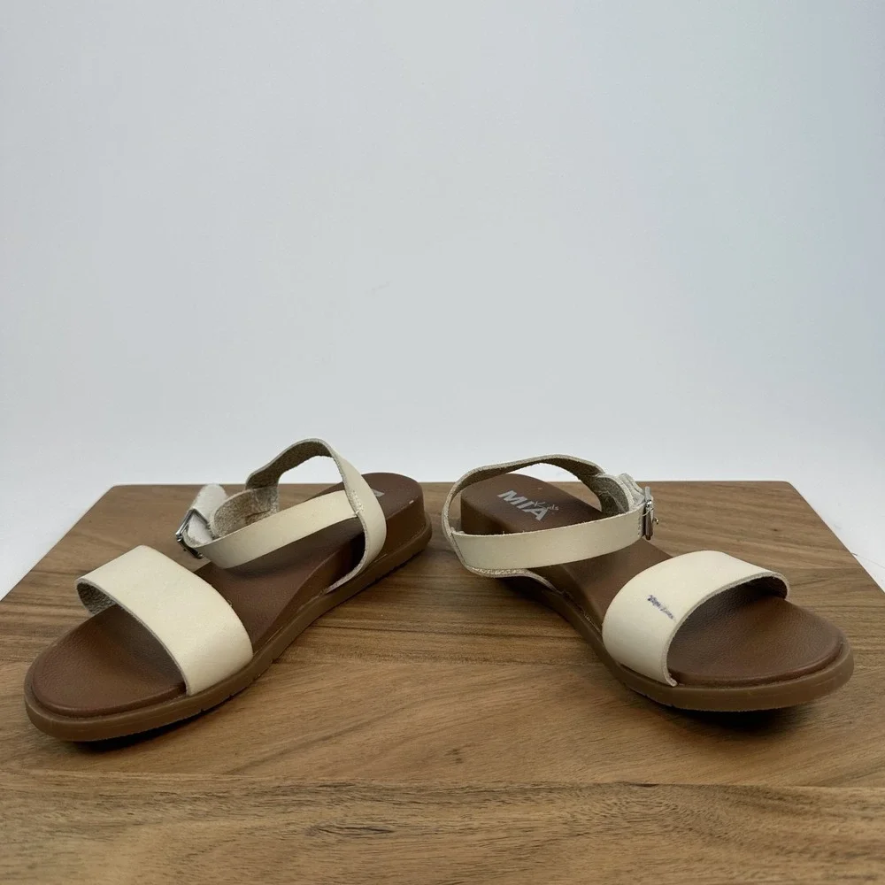 New Big‎ Kids Girls Mia Koddee Ivory Faux Leather Ankle Strap Wedge Sandals Sz 3